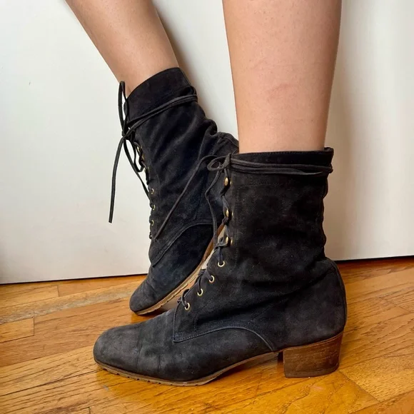 90s Navy Prada suede Lace-Up Women's Boots - Picture 3 of 5